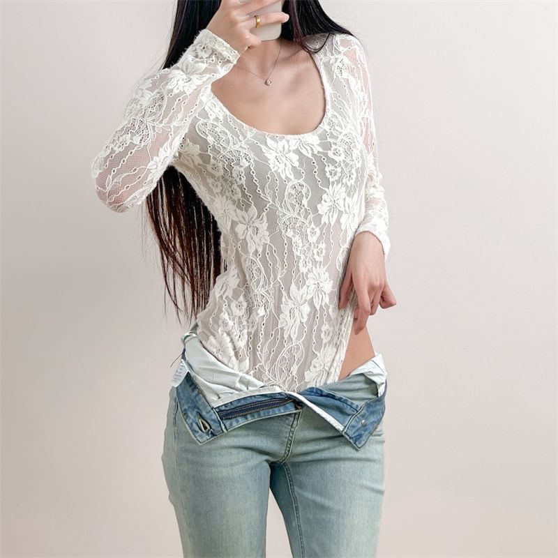 Scoop Neck Lace Overlay Bodysuit Top