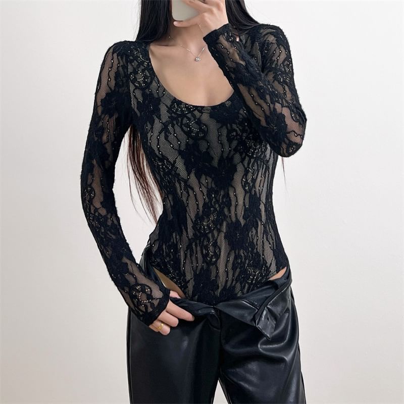 Scoop Neck Lace Overlay Bodysuit Top