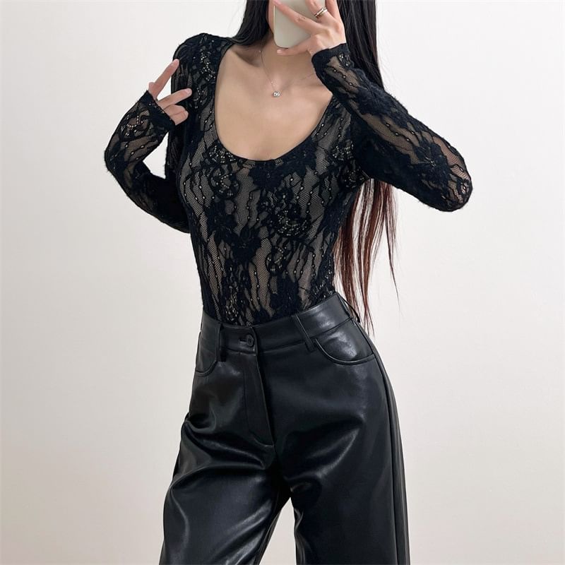 Scoop Neck Lace Overlay Bodysuit Top