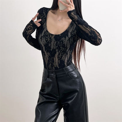Scoop Neck Lace Overlay Bodysuit Top