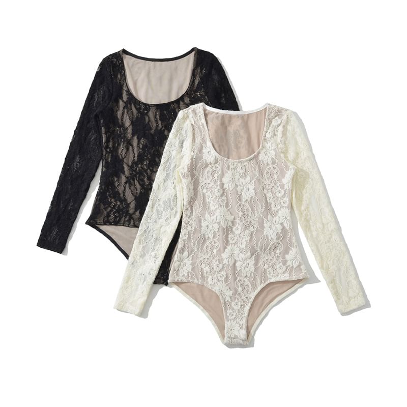 Scoop Neck Lace Overlay Bodysuit Top