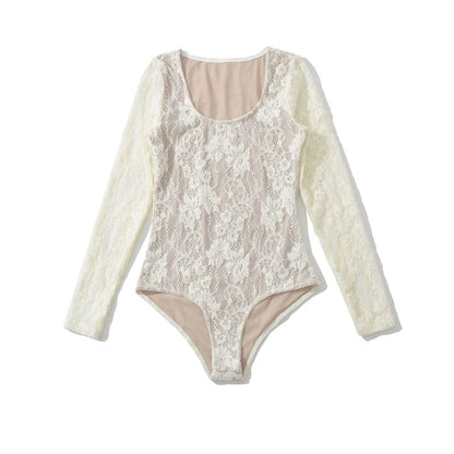 Scoop Neck Lace Overlay Bodysuit Top
