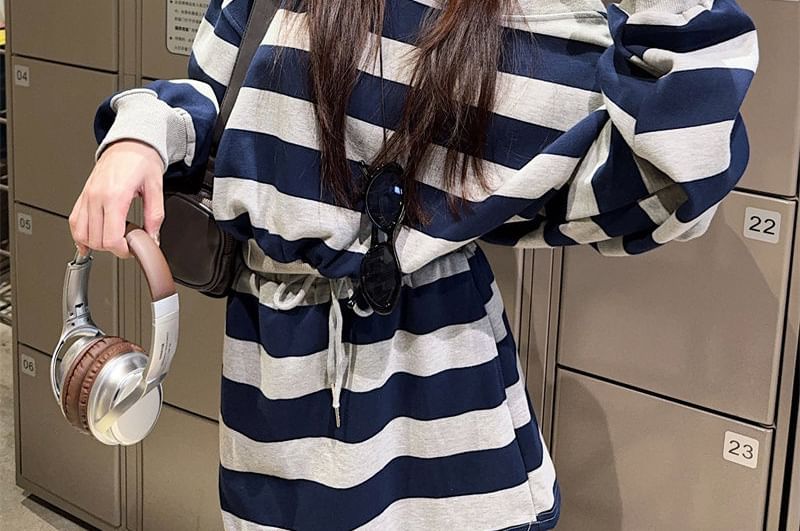 Off-Shoulder Striped Pullover + Mini Skirt Outfit