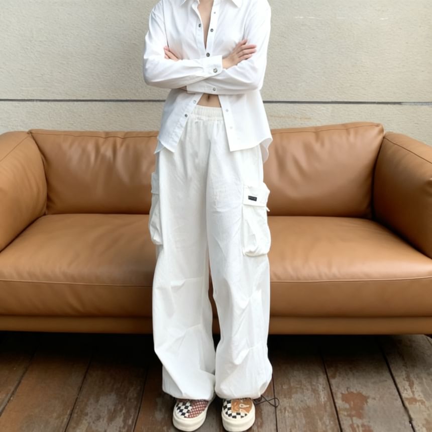 High Waist Plain Pocket Loose-Fit Wide-Leg Sweatpants