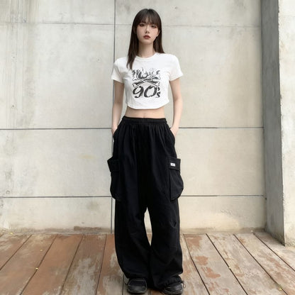 High Waist Plain Pocket Loose-Fit Wide-Leg Sweatpants