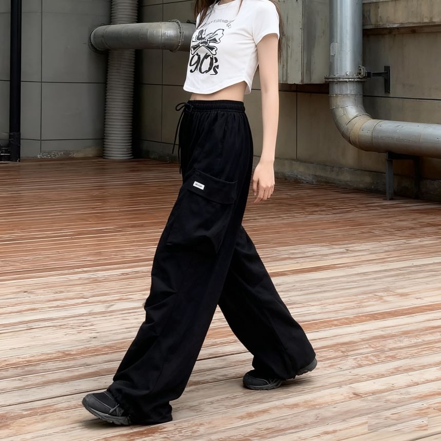 High Waist Plain Pocket Loose-Fit Wide-Leg Sweatpants