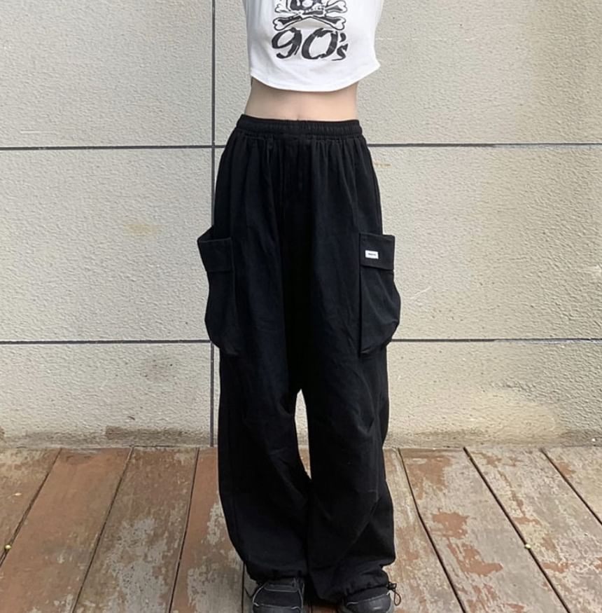 High Waist Plain Pocket Loose-Fit Wide-Leg Sweatpants