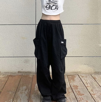 High Waist Plain Pocket Loose-Fit Wide-Leg Sweatpants