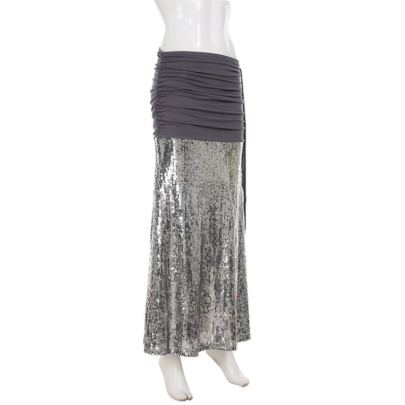 Ruched Sequin Panel Slit Maxi Pencil Skirt