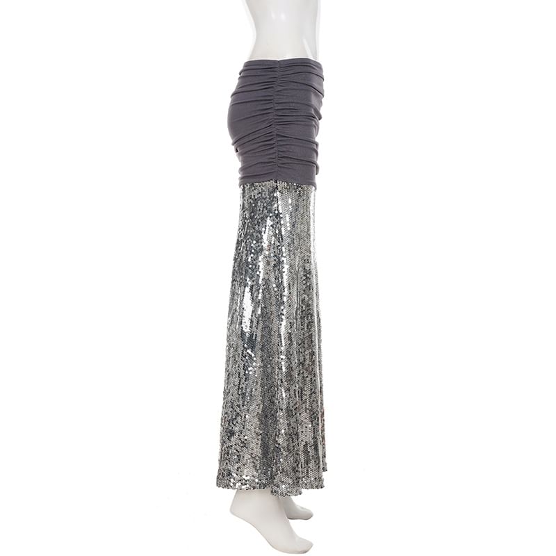 Ruched Sequin Panel Slit Maxi Pencil Skirt