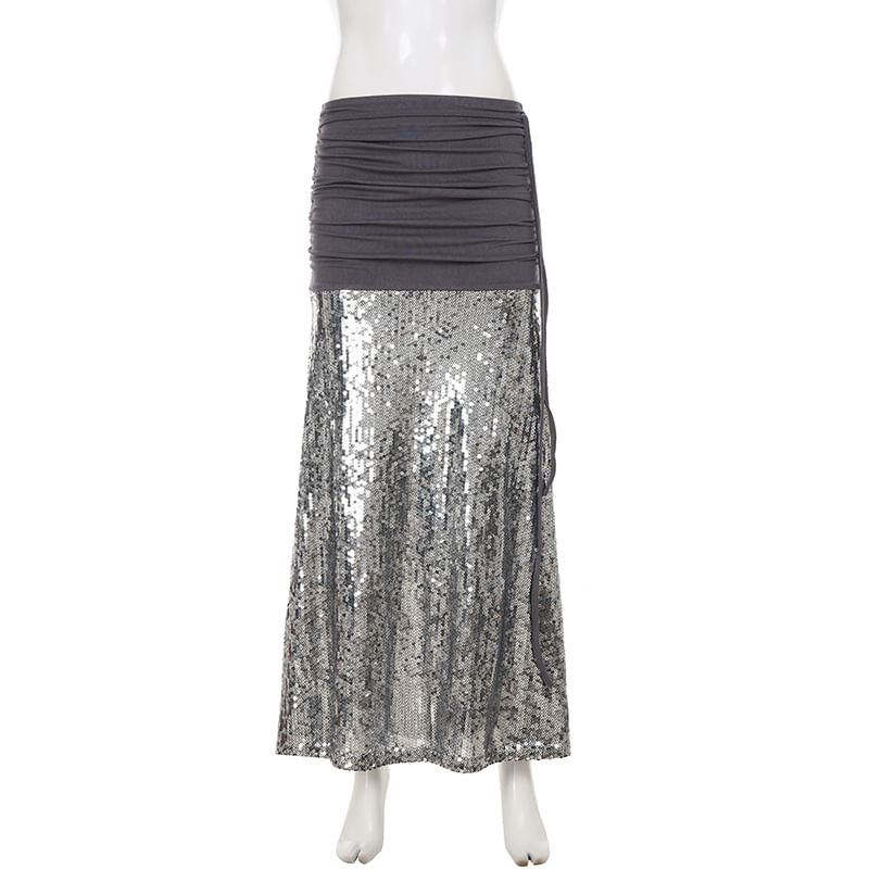 Ruched Sequin Panel Slit Maxi Pencil Skirt
