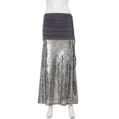 Ruched Sequin Panel Slit Maxi Pencil Skirt