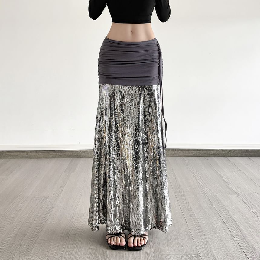 Ruched Sequin Panel Slit Maxi Pencil Skirt