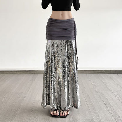 Ruched Sequin Panel Slit Maxi Pencil Skirt