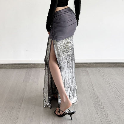 Ruched Sequin Panel Slit Maxi Pencil Skirt