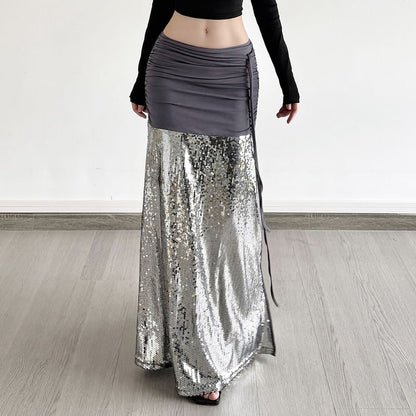 Ruched Sequin Panel Slit Maxi Pencil Skirt