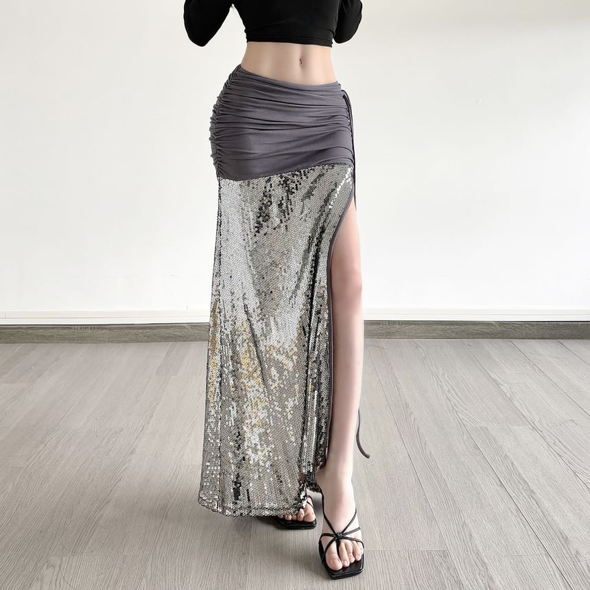 Ruched Sequin Panel Slit Maxi Pencil Skirt