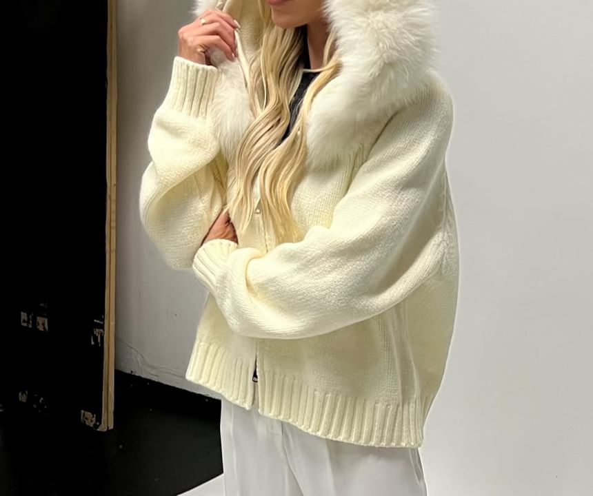 Plain Fluffy Trim Hooded Zip Cardigan