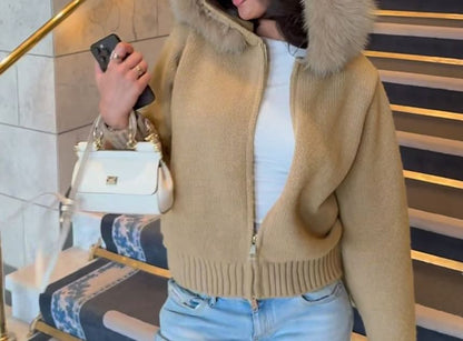 Plain Fluffy Trim Hooded Zip Cardigan