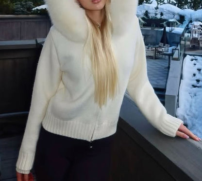Plain Fluffy Trim Hooded Zip Cardigan