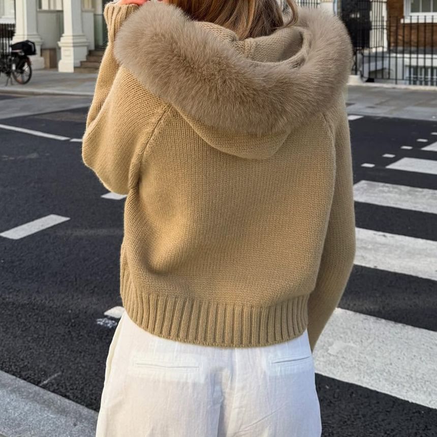 Plain Fluffy Trim Hooded Zip Cardigan