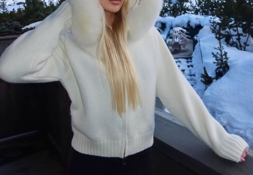 Plain Fluffy Trim Hooded Zip Cardigan