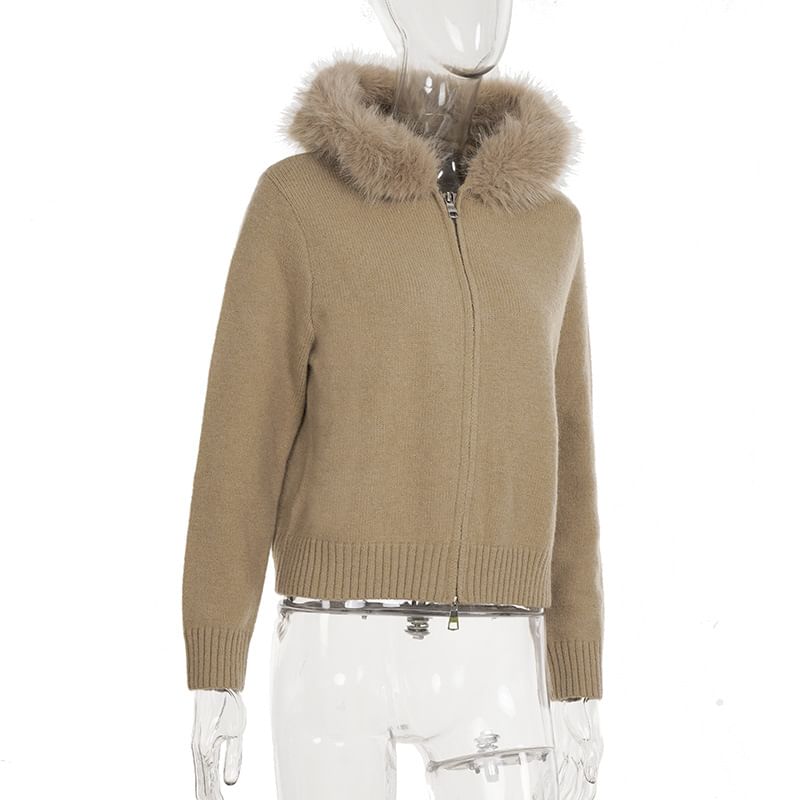 Plain Fluffy Trim Hooded Zip Cardigan