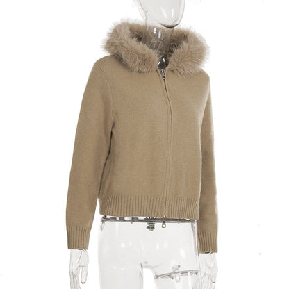 Plain Fluffy Trim Hooded Zip Cardigan