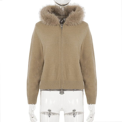 Plain Fluffy Trim Hooded Zip Cardigan