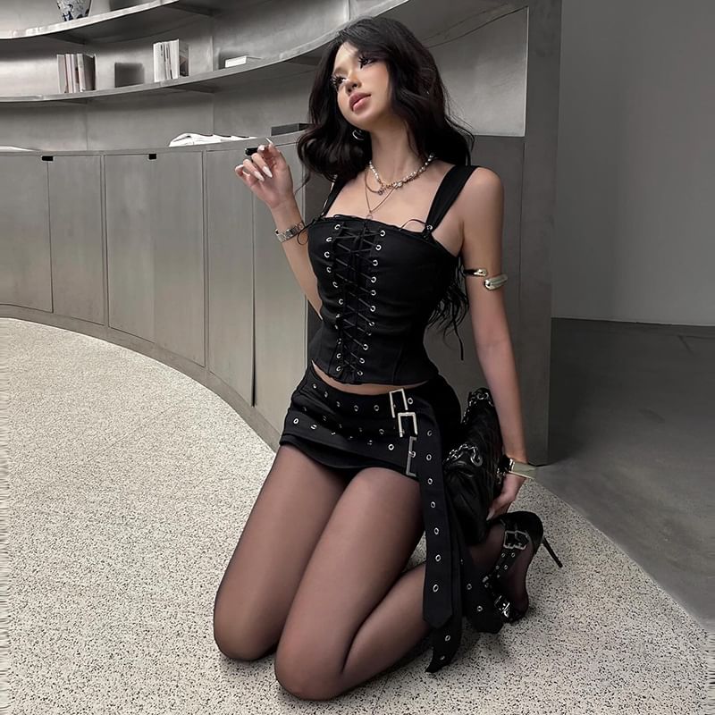 Lace-Up Corset Tank Top & Belt Accent Mini Skirt