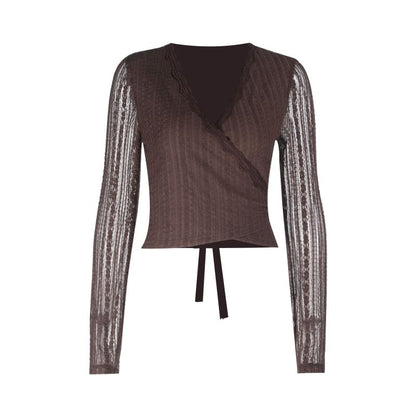 V-Neck Lace See-Through Wrapped Crop Top