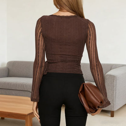 V-Neck Lace See-Through Wrapped Crop Top