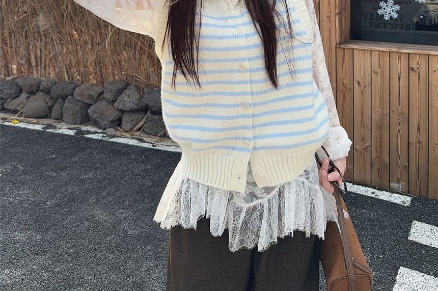 Lace Top & Collared Striped Sweater Vest