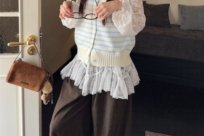 Lace Top & Collared Striped Sweater Vest