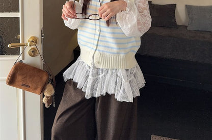 Lace Top & Collared Striped Sweater Vest