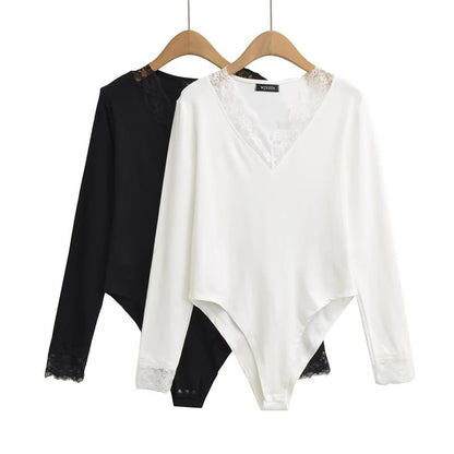 V-Neck Lace Trim Bodysuit Top
