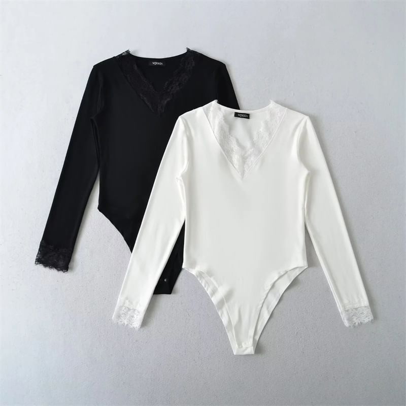 V-Neck Lace Trim Bodysuit Top
