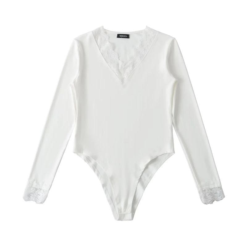 V-Neck Lace Trim Bodysuit Top