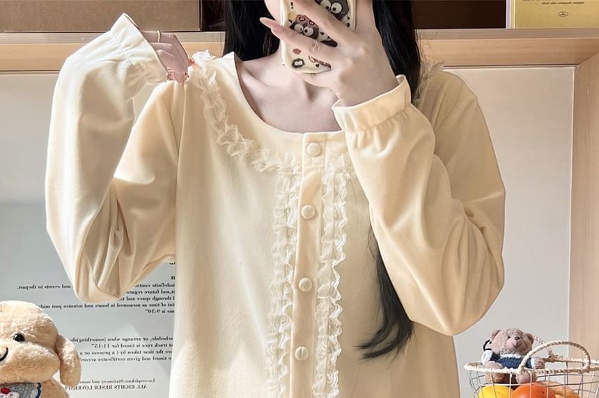 Lace Ruffle Button-Up Top & Pants Pajama Set