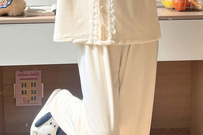 Lace Ruffle Button-Up Top & Pants Pajama Set