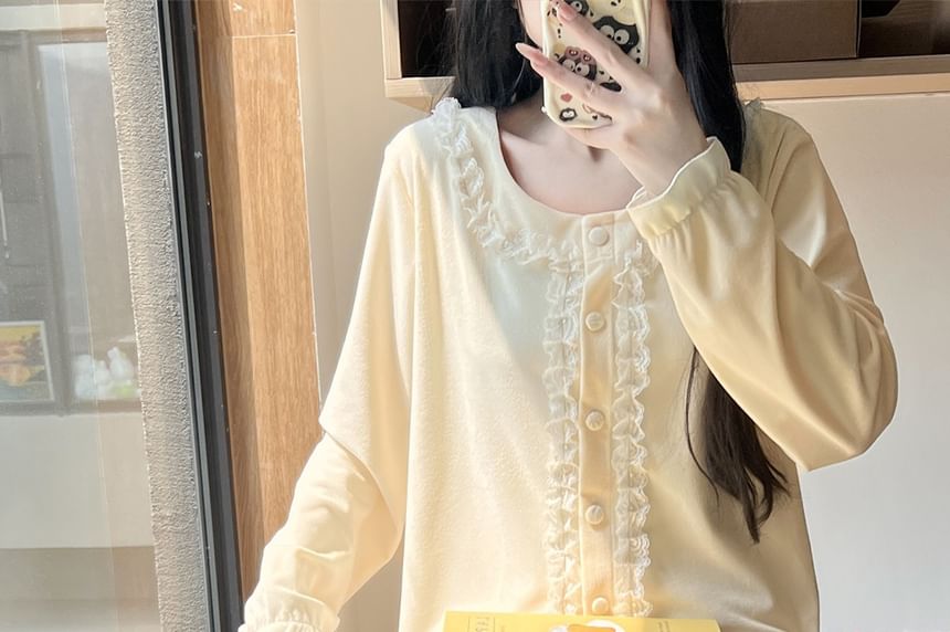 Lace Ruffle Button-Up Top & Pants Pajama Set