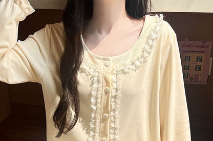 Lace Ruffle Button-Up Top & Pants Pajama Set