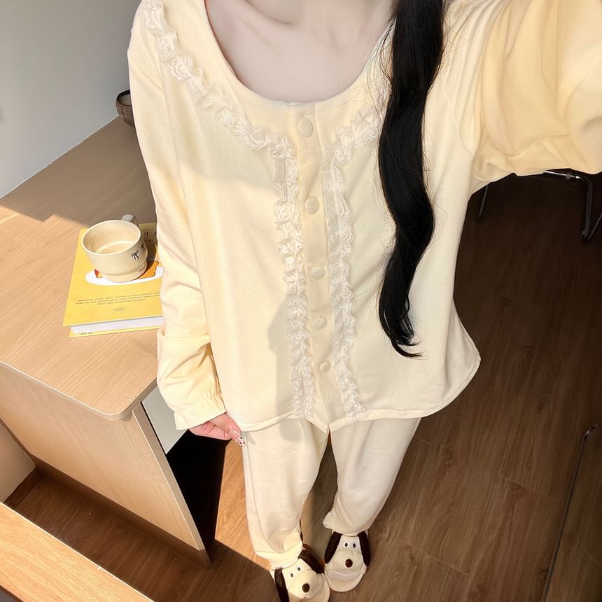 Lace Ruffle Button-Up Top & Pants Pajama Set