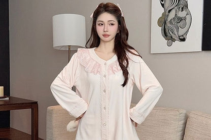 Lace Ruffle Button-Up Top & Pants Pajama Set