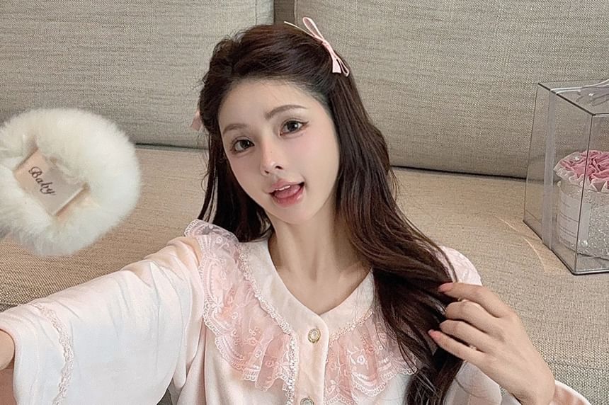 Lace Ruffle Button-Up Top & Pants Pajama Set