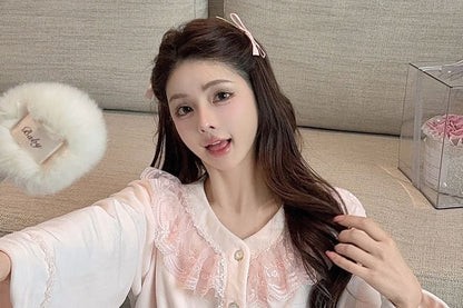 Lace Ruffle Button-Up Top & Pants Pajama Set