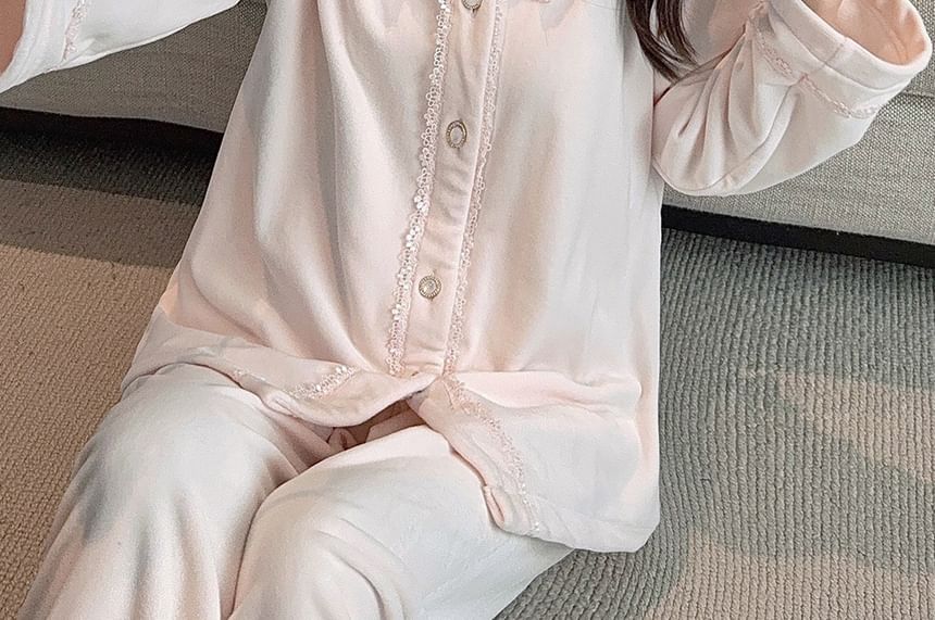 Lace Ruffle Button-Up Top & Pants Pajama Set