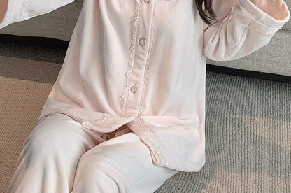 Lace Ruffle Button-Up Top & Pants Pajama Set