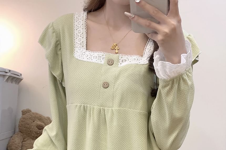 Square-Neck Lace Trim Top & Pants Pajama Set