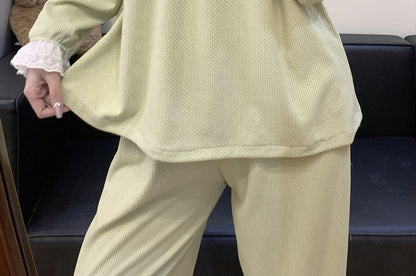 Square-Neck Lace Trim Top & Pants Pajama Set